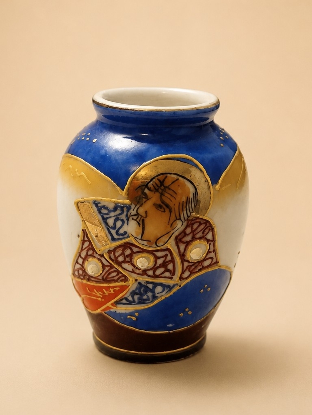 Japanese Hand-Painted Blue and Gold Ceramic Art Vase Made In Occupied Japan